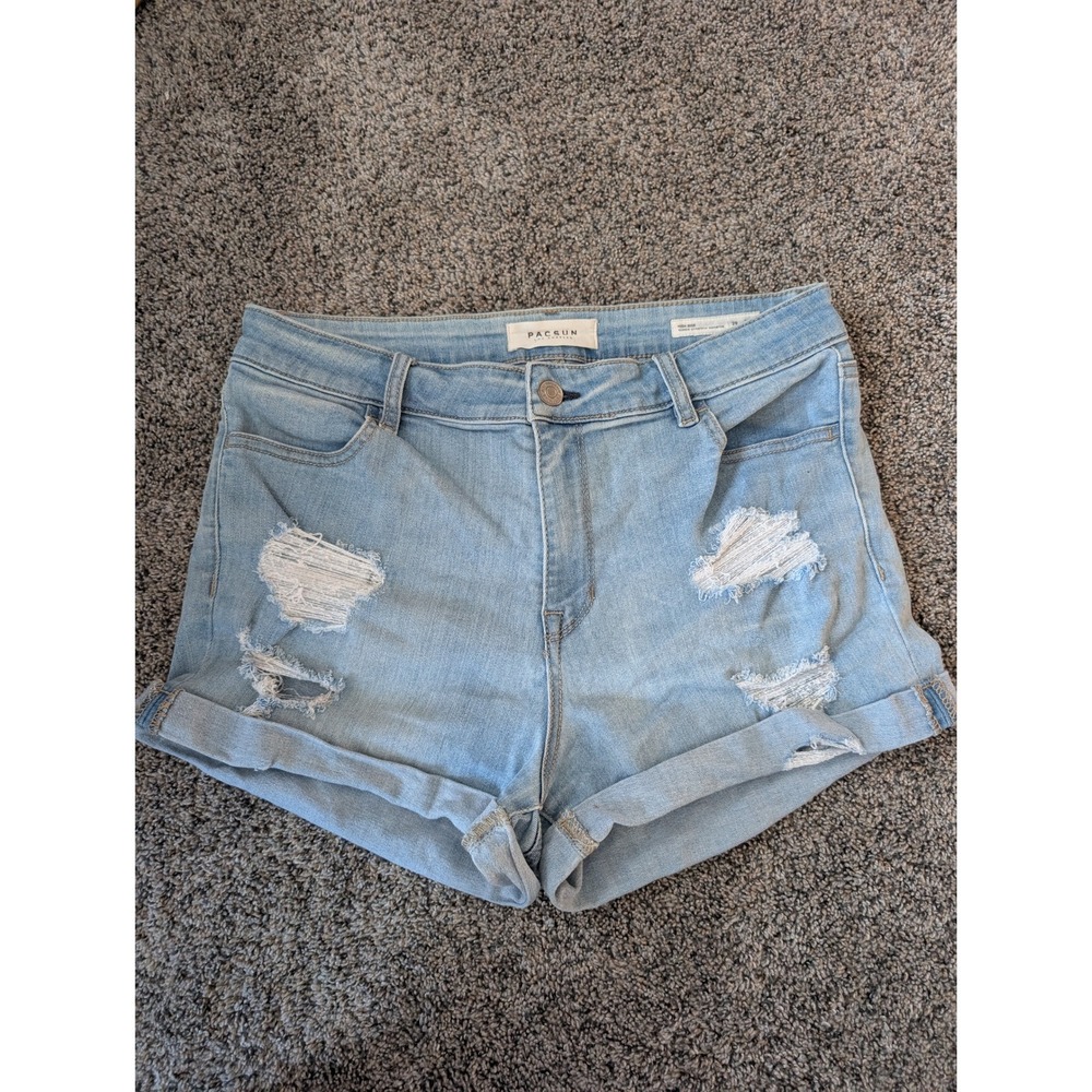 PacSun High Rise Super Stretch Shortie Light Wash Distressed Denim Shorts 29